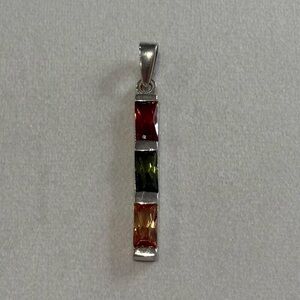 925 Sterling Silver Green Red Orange Faux Gems Line Necklace Pendant Charm